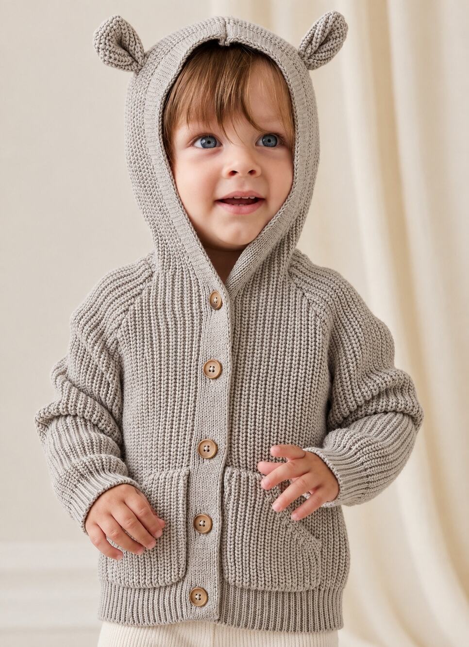 Jamie Kay Baby Bear Ear Hooded Cotton Knit Cardigan Brown Gray 0-3 Months